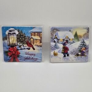 Happy Holidays Winter Scene Coasters Set of 2 Cardinal Sledding Cork Backed NCCS